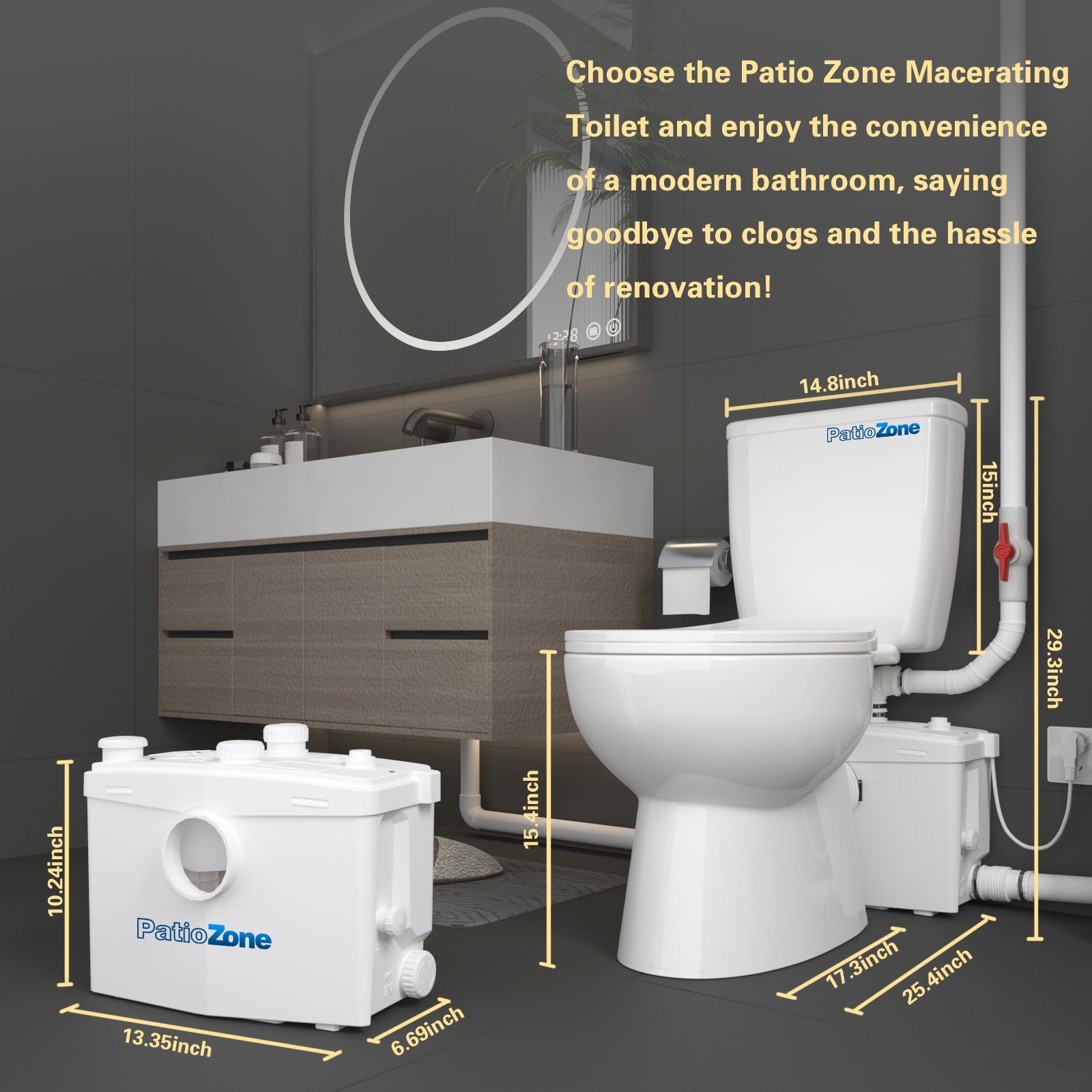 Macerator Toilet with 800W Waste Disposal Upflush Toilet System MY-FLO800 PatioZones